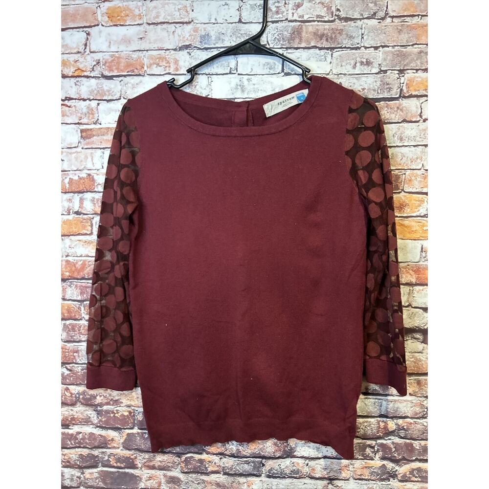 Anthropologie Sparrow sheer sleeves polka dot Maroon Sweater top women's Small S